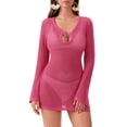 thumbnail image 1 of Niusricy Women Sexy Beach Cover Ups Ladies Solid Color Cutout Swimsuit Coverup Long Sleeve Mini Dress Summer Crochet Bathing Suit Coverups Fashion Casual Lightweight Knit Dresses for Vacation, 1 of 8