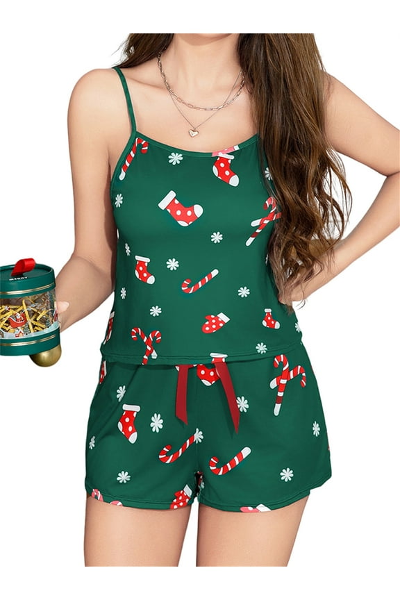 Women Sexy Christmas Pajama Set 2Pcs Candy Cane Print Shorts Loungewear Camisoles Sleeveless Tops with Shorts Ladies Fashion Loose Casual Christmas Short Sleepwear for Christmas Party Night