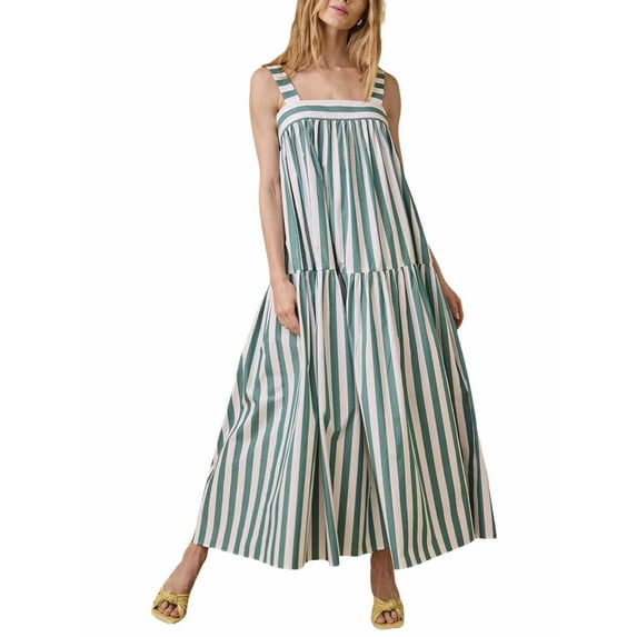 Niusricy Women Sexy Classic Maxi Flowy Dress Ladies Vintage Sleeveless Swing Dress Striped Print Dress Wide Strap Back Lacing A-Line Dress Square Neckss for Vacation Cocktail Club Streetwear