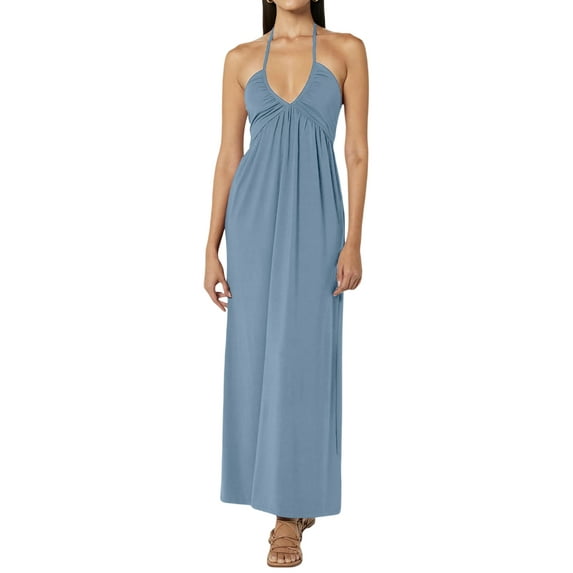 Niusricy Women Sexy Elegant Evening Party Dress Ladies Sleeveless Long Flowy Dress V-Neck A-line Dress Low Cut Halter Beach Dress High Waist Solid Basmmer Fashion Casual Clothes for Vacation