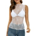 thumbnail image 1 of Niusricy Women Sexy Mesh Sheer Tank Tops Ladies Sleeveless T-Shirts Lace Floral Mock Neck Shirts See-Through Casual Vests Summer Fashion Comfy Tops Streetwear for Bar Club, 1 of 6