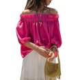 thumbnail image 1 of Niusricy Women Solid Basic Ruffled Blouse Ladies Elegant Off-Shoulder Boat Neck Shirts Half Puffy Sleeves Tunic Tee Loose Flowy Fit Tops Fashion Casua Streetwear for Shopping Holiday Leisure, 1 of 7