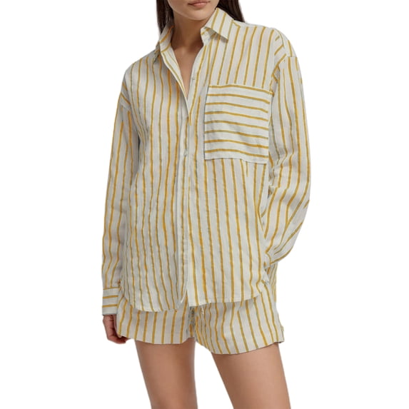 Niusricy Women's Classic Striped 2 Piece Casual Outfits Ladies Loose Lapel Neck Shirts Long Sleeve Tunic Tee Button Down Tops Elastic Waist Shorts witon Comfy Daily Clothes for Spring Summer