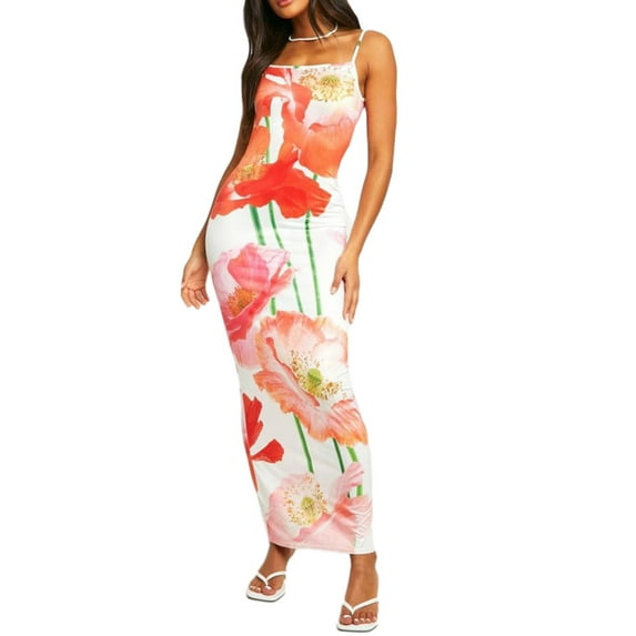 Niusricy Women's Elegant Sexy Bodycon Long Dress Ladies Vintage Floral Maxi Dress Sleeveless Cami Dress Low Cut Slim Dress Open Back Party Dress Flower Print Beach Dresses Streetwear Vacation Club