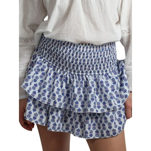 Niusricy Women's Sexy Smocked Mini Skirts Ladies Casual High Waist A-Line Skirts Layered Ruffle Skirts Classic Casual Cute Skirts Streetwear for Beach