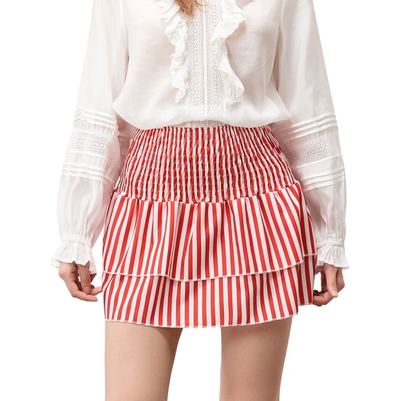 Niusricy Women's Sexy Smocked Mini Skirts Ladies Casual High Waist A-Line Skirts Layered Ruffle Skirts Classic Casual Cute Skirts Streetwear for Beach