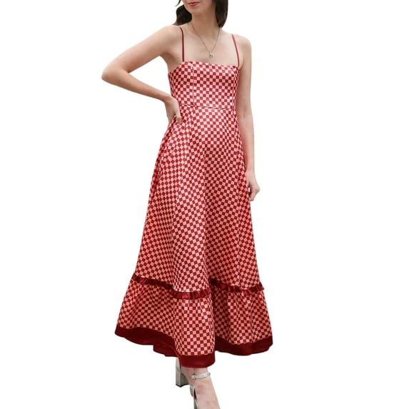 Niusricy Women's Sexy Vintage Long Dress Ladies Elegant Sleeveless Spaghetti Strap Beach Dress Checkerboard Print Flowy Dress High Waist Swing Dress Fktail Streetwear for Party Daily Holiday