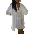 thumbnail image 1 of Niusricy Women's Solid Basic Flowy Mini Dress Ladies Loose Casual Oversized Dress Lantern Sleeve Swing Midi Dress Round Neck A-line Dress Dress Tie-upy Beach Dress for Party Holiday Shopping, 1 of 7