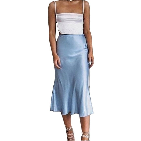 Niusricy Women's Solid Long Satin Skirts Ladies Elegant High Waist Skirts Trendy Midi Skirts Summer Basic Bodycon Skirts for Travel Beach Shopping Office