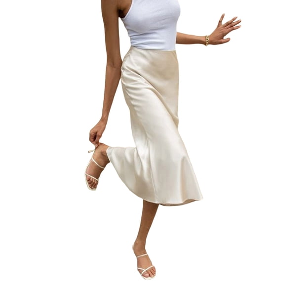 Niusricy Women's Solid Long Satin Skirts Ladies Elegant High Waist Skirts Trendy Midi Skirts Summer Basic Bodycon Skirts for Travel Beach Shopping Office