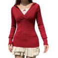 thumbnail image 1 of Niusricy Women's Solid Ribbed Hood Sweater Slim Cable Knit Blouses Long Sleeve Knitwear Pullover V-Neck Tight Shirts Fashion Tight Tummy Tee Top Cozy shion Casual Daily Spring Autumn Clothes, 1 of 8