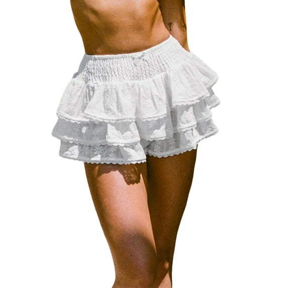 Niusricy Women's Solid Ruffle Mini Skorts Ladies High Waist Layered Shorts Loose Flower Print Shirred Skorts Streetwear Teen Girls Cute Casual Summer Clothes for Bar Club Beach