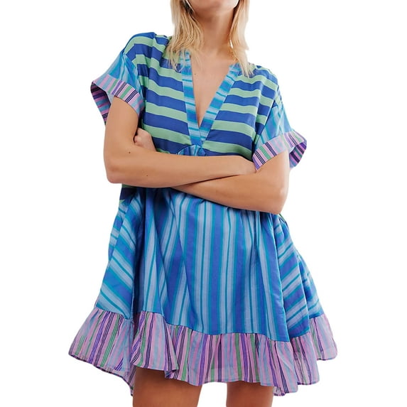 Niusricy Women's Summer Babydoll Mini Dress Bohemian Floral Print Flowy Dress Short Sleeve Tunic T-Shirts Deep V-Neck A-line Dress Loose Casual Vintagomfy Clothes Beachwear for Daily Holiday