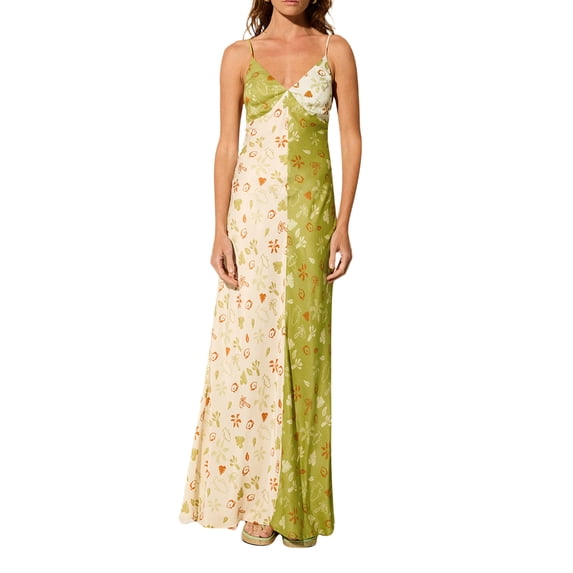 Niusricy Women's Summer Long Cami Dress Ladies Sexy Elegant Slim Dress Fashion Print Spaghetti Strap Slim Party Dress V-Neck Contrast Color Holiday Dress for Daily Vacation Beachwear