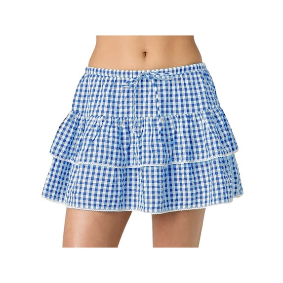Niusricy Womens Plaid Mini Skirt Elastic Waist Babydoll Skirts Junior Girls A-line Layered Ruffle Skirt Classic Cute Casual Bottom Skirts Streetwear for Party Daily Summer
