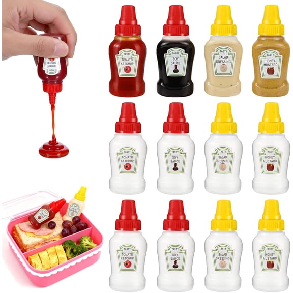 Niuxa 12 Pcs Mini Ketchup Bottles for Bento Box 25ml Condiment Squeeze Bottles 4 Styles Portable Plastic Sauce Container Refillable Jars Containers Lunch Box Honey Sauce Salad Dressing Dispensers