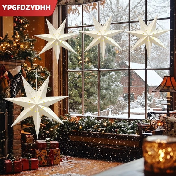Niuxa 18" Paper Star Lantern with LED Lights, 7-Point Hanging Star Light for Christmas, Advent, Wedding, Birthday Classic White 3D Paper Lantern with Remote for Indoor Outdoor Decor