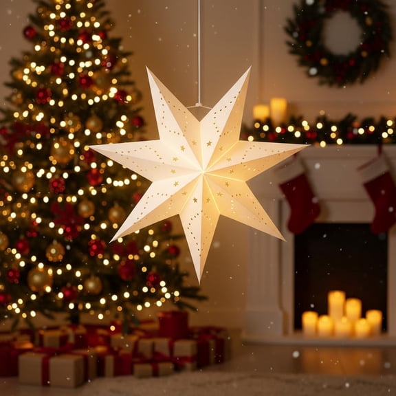 Niuxa 7 Pointed Star 18in Lantern Paper Snowflake Ceiling Lantern Hanging Star Lantern for Wedding Birthday Xmas Party Home Decoration(no light)