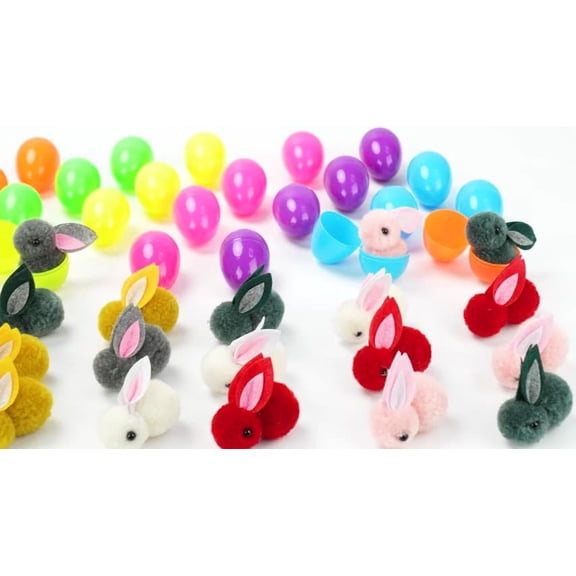 Niuxa Complete Easter Bunny Surprise Set of 24 Filled Plastic Eggs with Toys and Stuffed Animal for Son's Easter Hunting Activities and Holiday Gifts