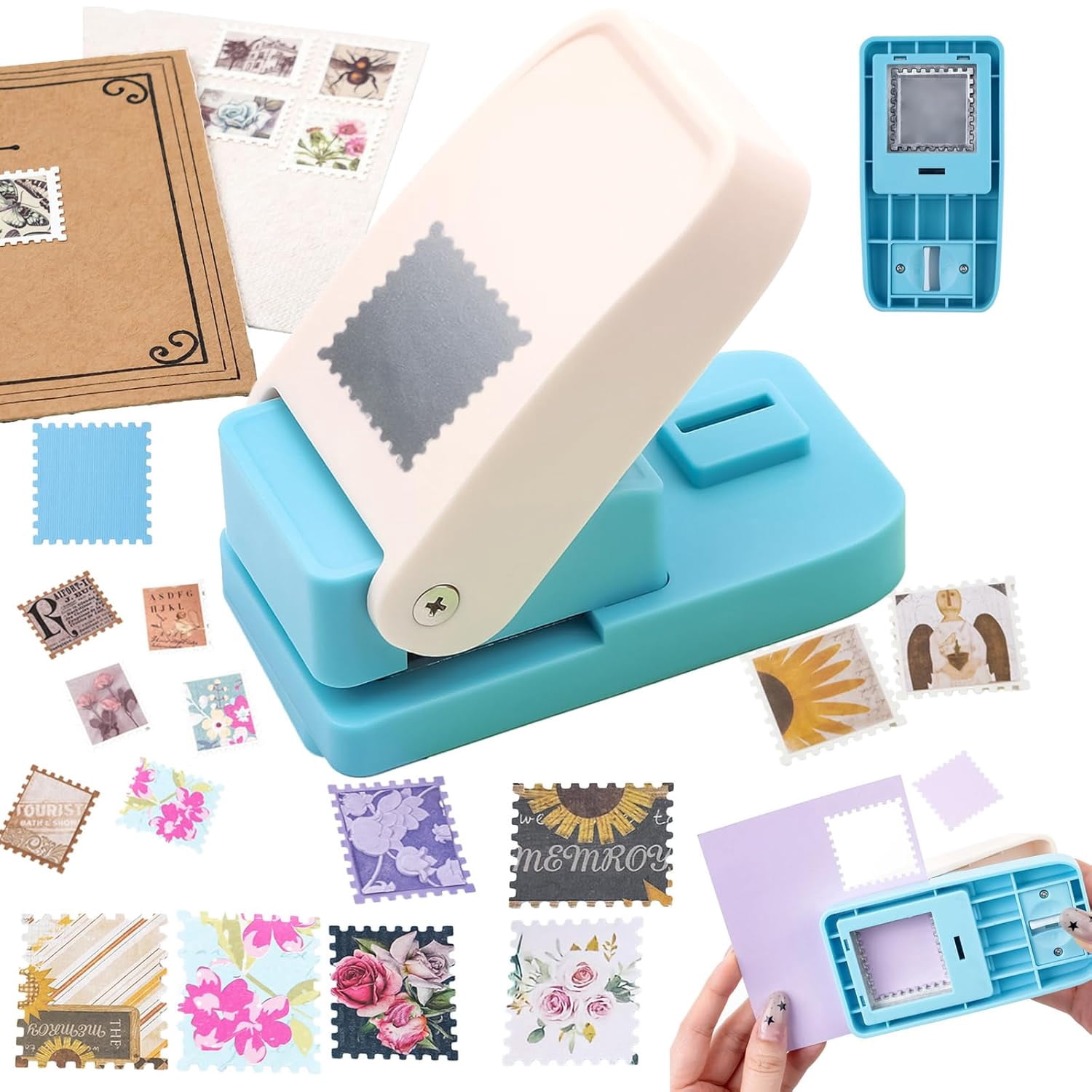 Niuxa Stamp Puncher 1x1inch Square Postage Stamp Punch |Stamp Hole Puncher| Scalloped Rectangle Lever Action Paper Punches for Crafting Scrapbooking DIY Card Making Arts Crafts Supplies