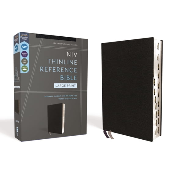 Niv, Thinline Reference Bible (Deep Study at a Portable Size), Large Print, Bonded Leather, Black, Red Letter, Thumb Ind, (Hardcover)