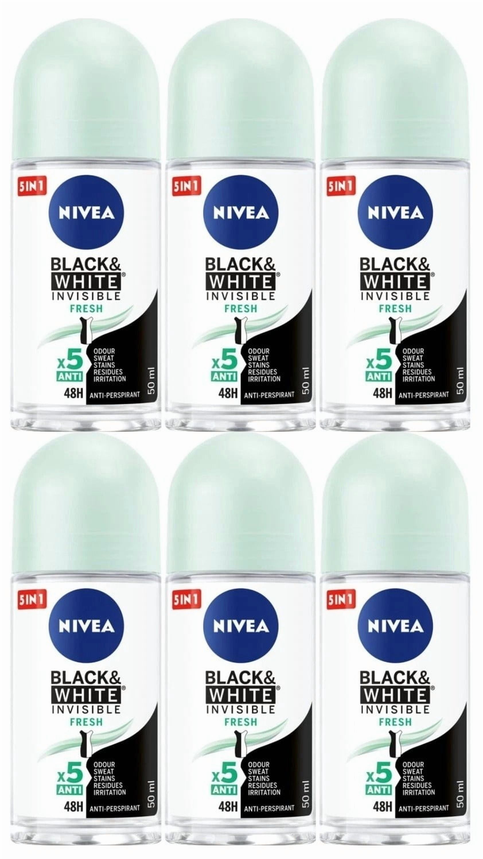 Nivea Black & White Invisible Fresh Deodorant for Women, Roll-On 1.7oz(50ml) (Pack of 6)