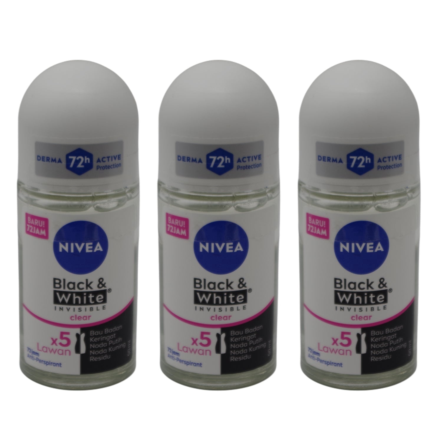 Nivea Black & White Pure Invisible Roll-On Deodorant for Women, Helps Protect Clothes from Marks, Clean Fresh Feminine Fragrance, 50ml - Pack of 3