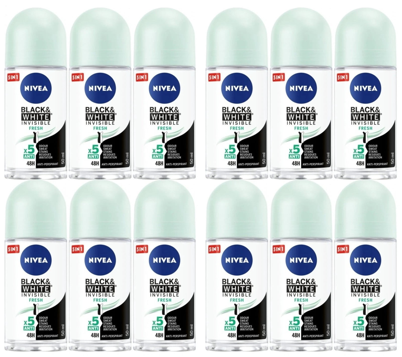 Nivea Deodorant for Women Black & White Invisible Fresh Roll On-50 ml Pack Of 12