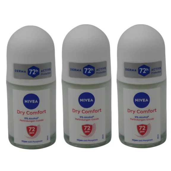 Nivea Dry Comfort Roll-On Deodorant 25ml | 72H Sweat & Odor Protection | Quick Dry Formula with Mineral Extracts | Long-Lasting Freshness & Gentle Skin Care | Compact Travel Size | 3 Pack