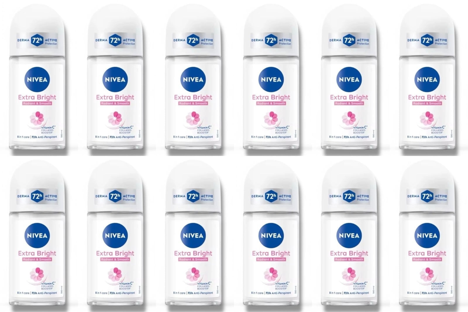 Nivea Extra Bright Roll On Deodorant with Vitamin C Collagen Booster - Alcohol-Free, 72HR Odor Protection, Smooth & Bright Skin, 50ml, 1.69oz, Pack of 12