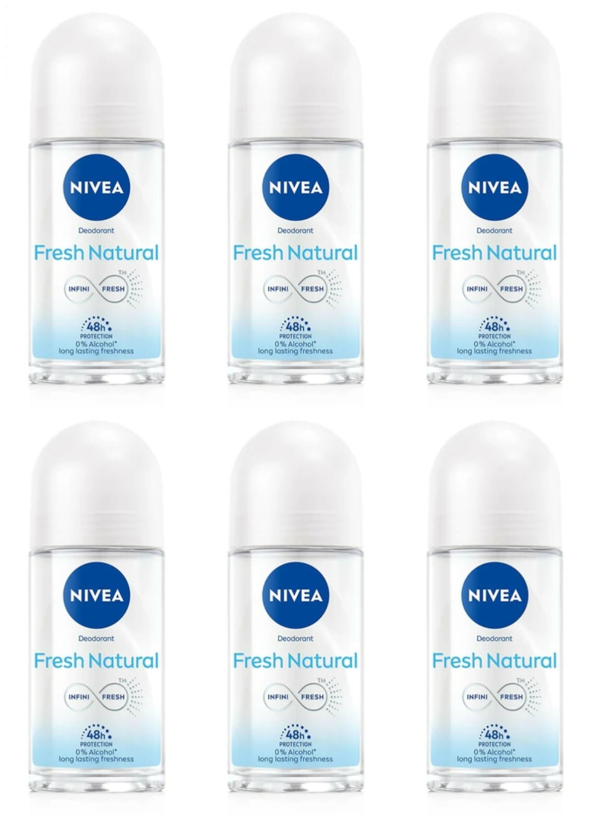 Nivea Fresh Natural Infini-Fresh Roll-On Deodorant Antibacterial 48 Hr.50ml 6-Pk