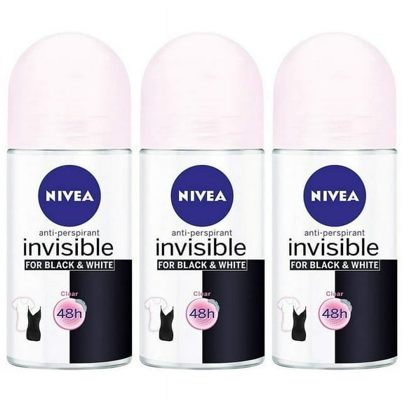 Nivea Invisible, Black & White Womens Roll-on Antiperspirant & Deodorant. 48-hour Protection Against Underarm Wetness. Pack Of 3 Bottles, 1.7oz / 50ml Each Bottle