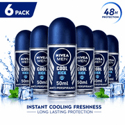 NIVEA MEN Cool Kick Anti-Perspirant Deodorant Roll-On, 50 mL Each, 6 Pack   48 Hour Sweat & Odor Protection, Instant Cooling Freshness