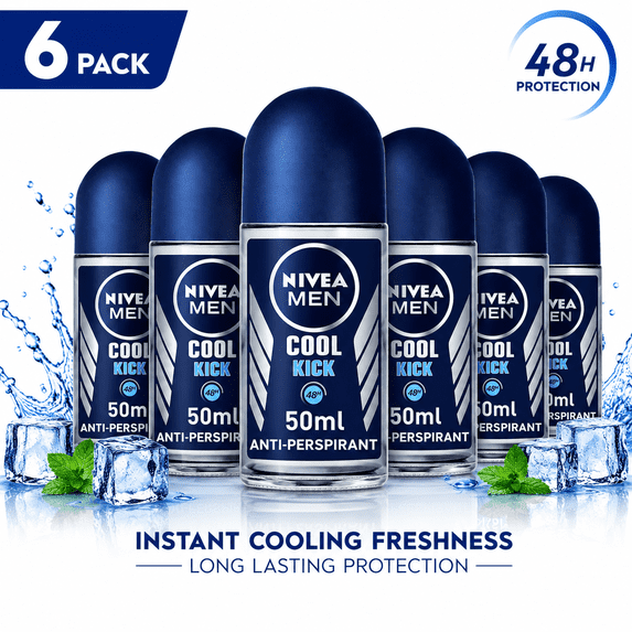 NIVEA MEN Cool Kick Anti-Perspirant Deodorant Roll-On, 50 mL Each, 6 Pack – 48 Hour Sweat & Odor Protection, Instant Cooling Freshness