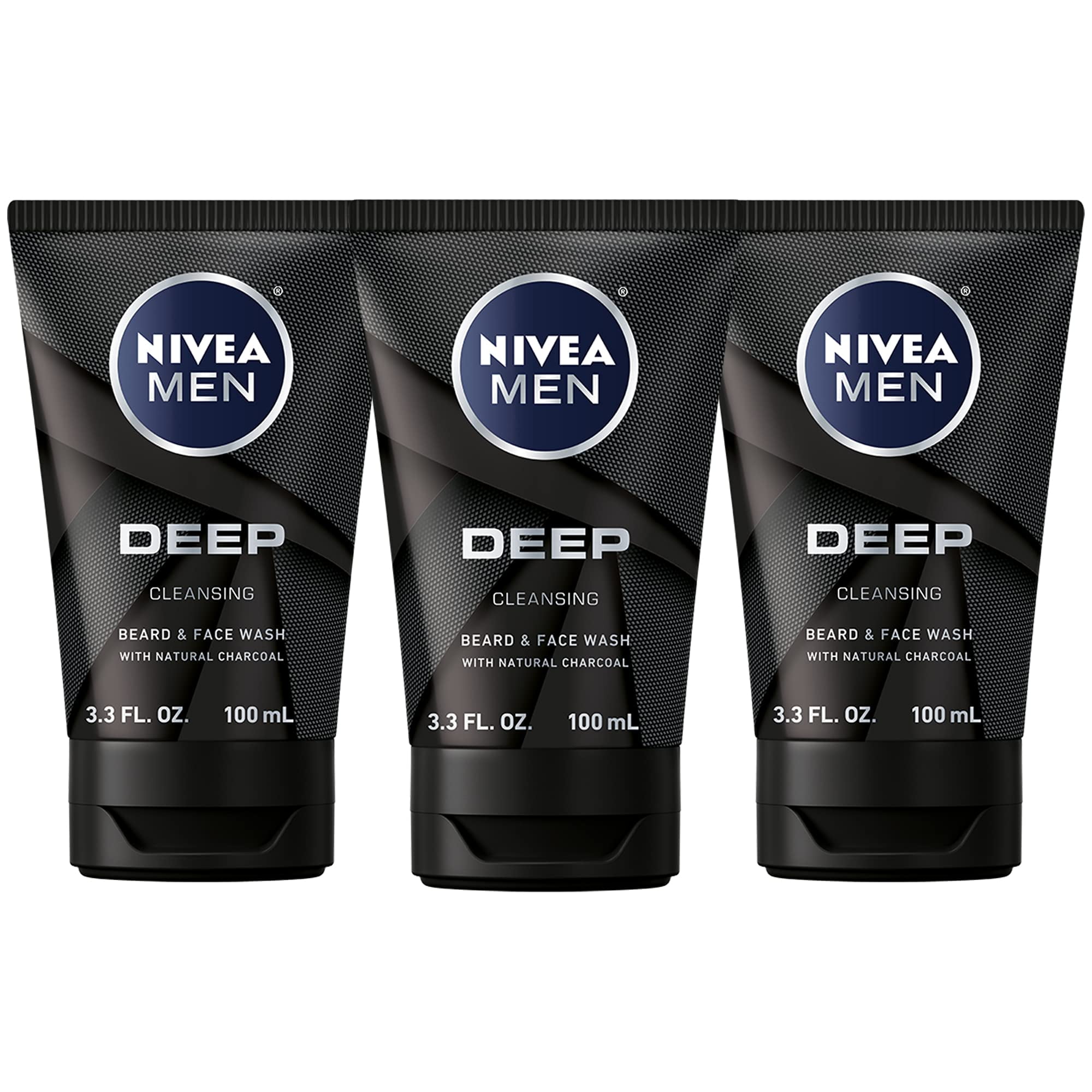 Nivea Men Deep Cleansing Beard And Face Wash, Enriched With Natural Charcoal, 3 Pack Of 3.3 Fl Oz Tubes