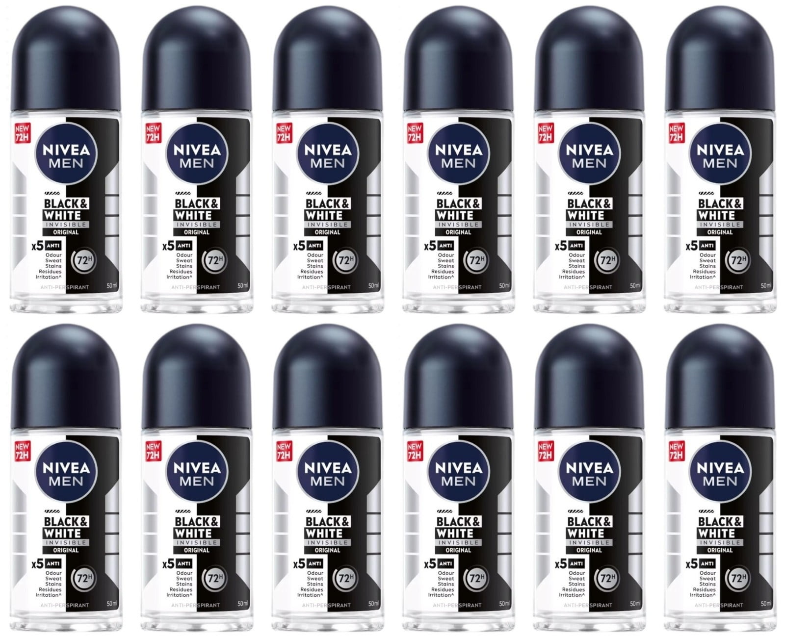 Nivea Men Invisible Black & White Deodorant Anti-Perspirant Roll-on Travel 12PK