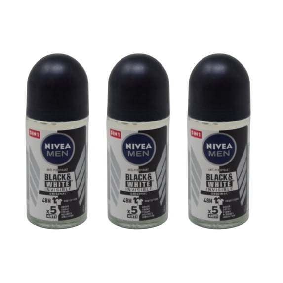 Nivea Men Invisible Black & White Power Roll-On Deodorant, Helps Protect Clothes from White Marks and Yellow Stains, Fresh Scent, 50ml - Pack of 3