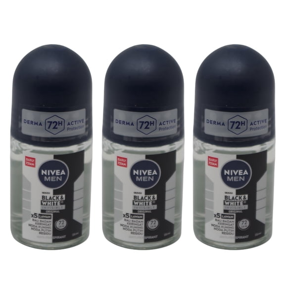 Nivea Men Invisible Black & White Roll-On Deodorant, Original Formula for Clothes Protection, Long-Lasting Fresh Masculine Scent, 25ml - Pack of 3