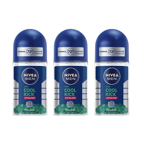 Nivea Men Roll On Deodorant Cool Kick Extra Dry Freezy Green 50mL Long-Lasting Freshness Quick Drying Formula Gentle on Skin for Men, Pack of 3
