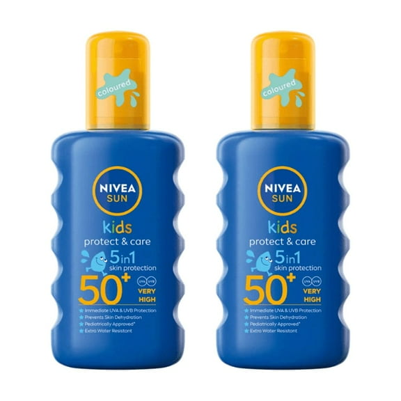 Nivea Sun Kids Protect & Care Coloured Sun Cream Spray SPF50+ 200ml / 6.8 fl.oz - 2 Pack