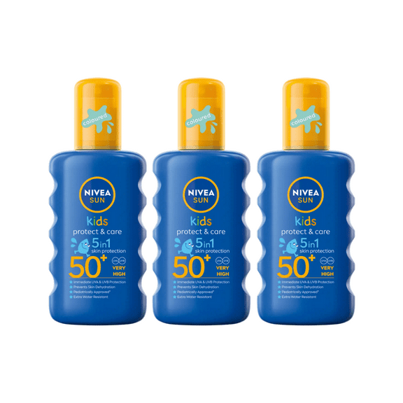 Nivea Sun Kids Protect & Care Coloured Sun Cream Spray SPF50+ 200ml / 6.8 fl.oz - 3 Pack