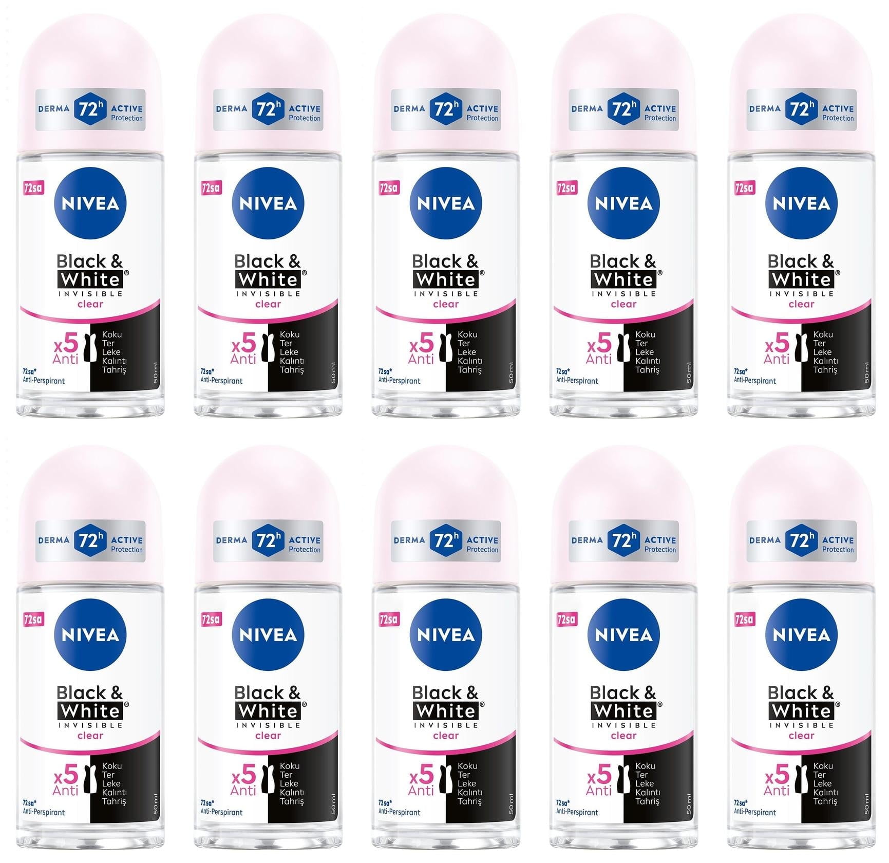 Nivea Woman Black & White Invisible Roll-on Deodorant Travel Small 50ML- 10 Pack