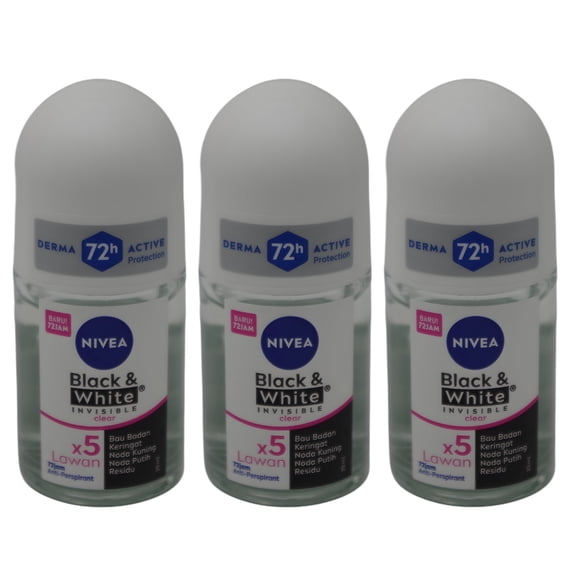 Nivea Women Invisible Roll-On Deodorant, Helps Reduce White Marks and Yellow Stains on Clothes, Light Clean Scent, 25ml - Pack of 3