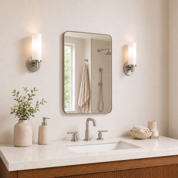 Niveal 24" x 36" Rounded Corner Mirror, Rectangular Aluminum Framed Wall Mirror Brushed Nickel, Vanity Mirror for Bedroom,Bathroom,Living Room