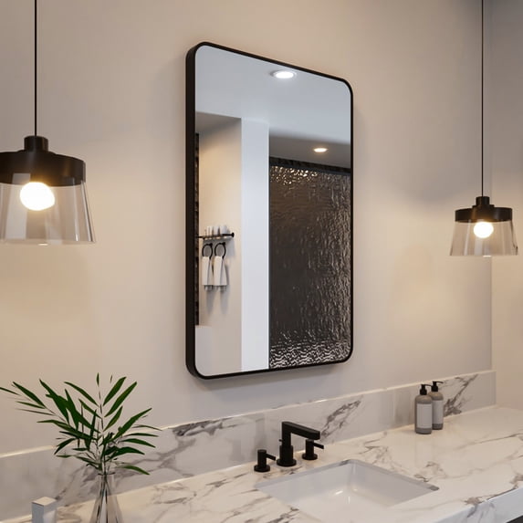Niveal 24" x 36" Rounded Corner Mirror, Rectangular Aluminum Framed Wall Mirror Matte Black, Vanity Mirror for Bedroom,Bathroom,Living Room