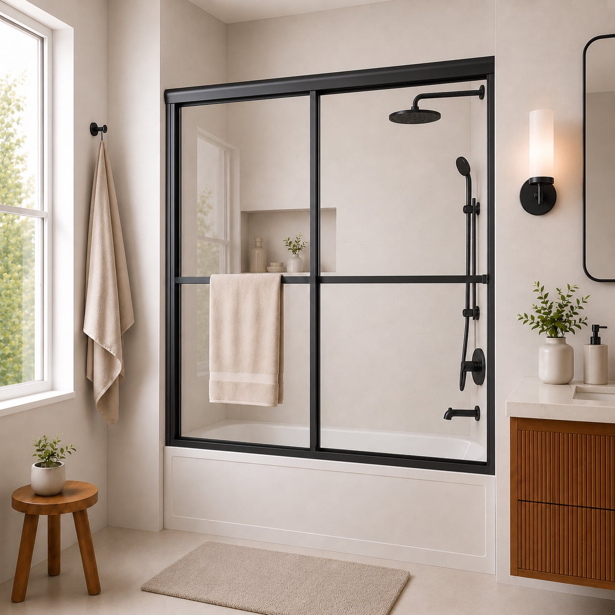 Niveal 55"-59" W x 56" H Framed Double Sliding Tub Door Clear Glass,Matte Black Finish