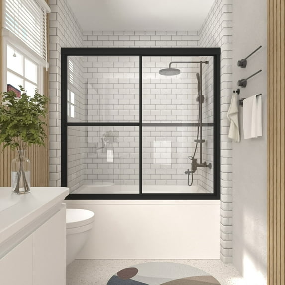 Niveal 55"-59" W x 56" H Framed Double Sliding Tub Door Clear Glass,Matte Black Finish
