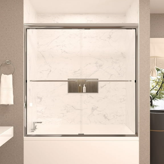 Niveal 60W x 57H Semi-Frameless Tub Door for Shower, Double Sliding Bypass Glass Bathtub Shower Door for Bath Tub with Tempered Glass Silver