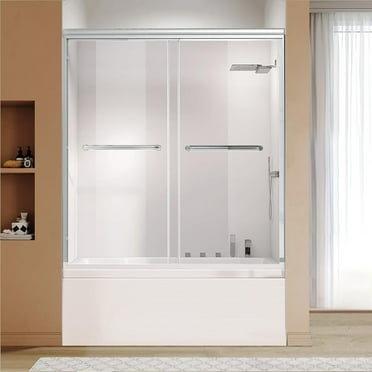 Niveal 60W x 57H Semi-Frameless Tub Door for Shower, Double Sliding Bypass Glass Bathtub Shower Door for Bath Tub with Tempered Glass Silver