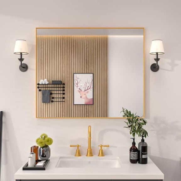 Niveal Aura 36in Wx30in H Rectangular Framed Wall Bathroom Vanity Mirror in Brushed Gold
